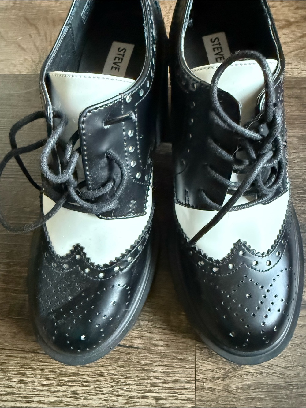 Steve Madden Black and White Two-Tone Wingtip Heels - Picture 2 of 6